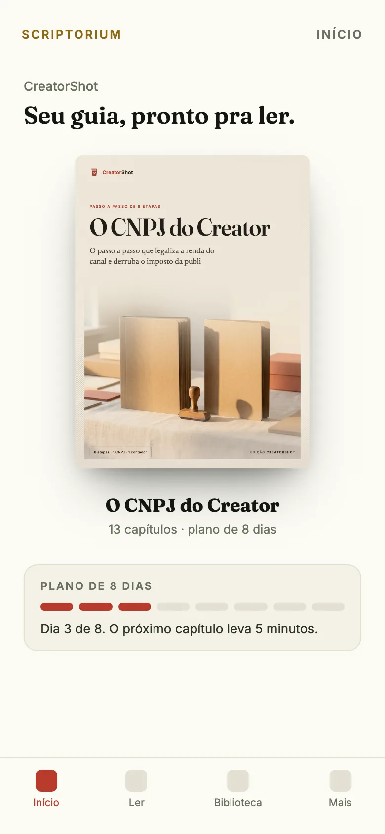 Capa do app: o ebook O CNPJ do Creator aberto na tela Início, com o plano de 8 dias